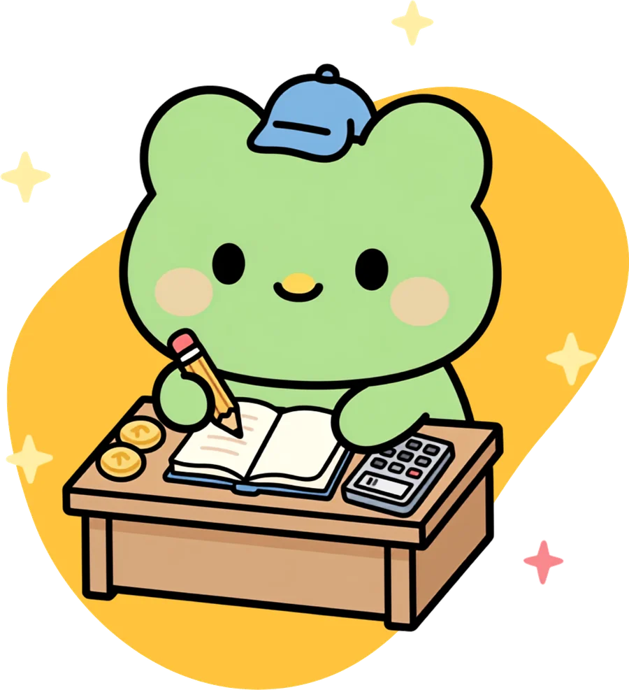 F&IAgents's mascot, a frog, jotting down numbers in a notebook